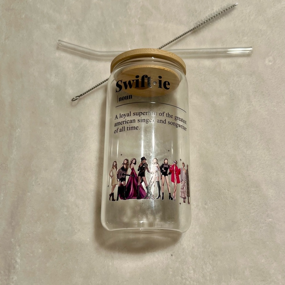 Swiftie Glass Tumbler 16 oz. With bamboo lid, straw and straw brush